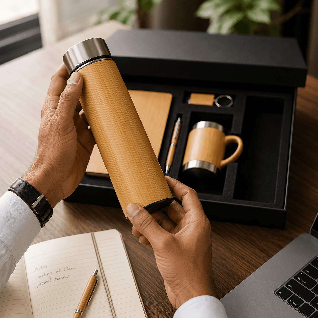 A bamboo gift set customized with a company logo
