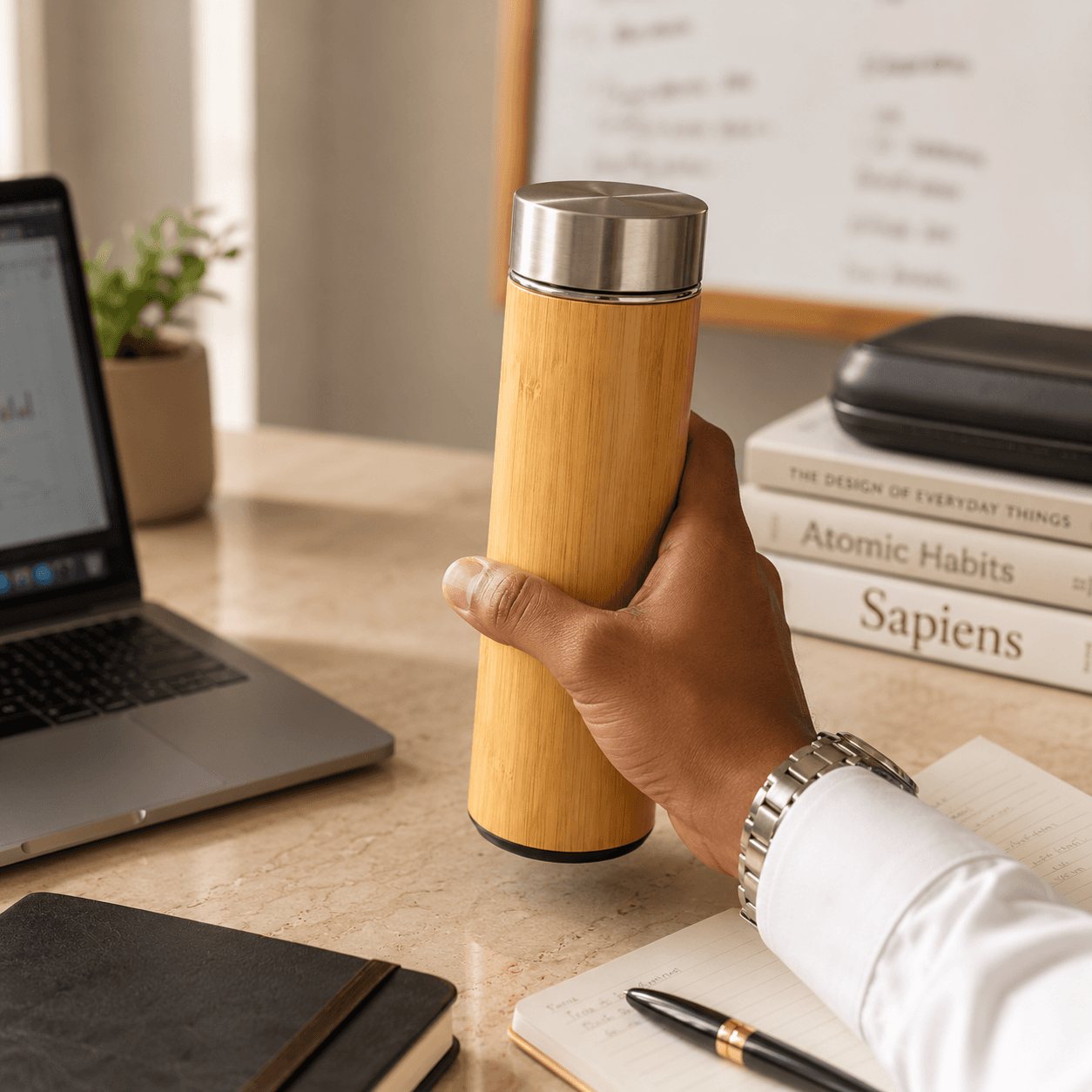 Custom-branded bamboo insulated bottles gifted to visiting startup mentors